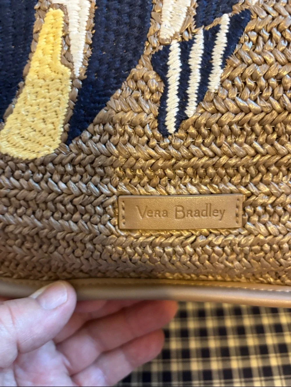 Vera Bradley Neutral Straw Tote with Navy, White & Yellow Fish - Picture 2 of 10